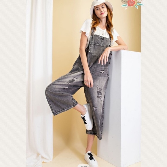 New! Black Denim Washed Loose Fit Overalls